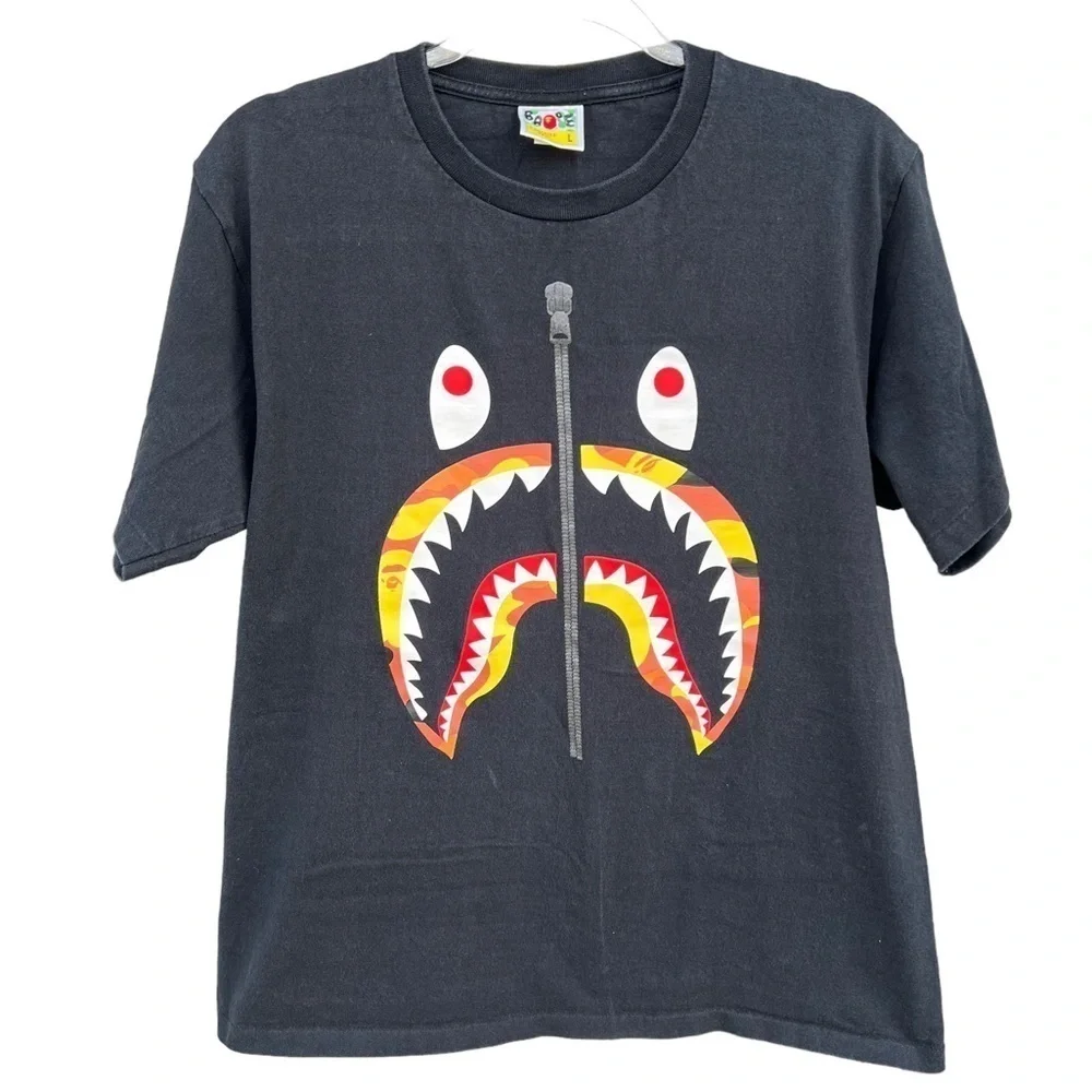 BAPE A Bathing Ape Yellow Orange Camo Shark T-Shirt Short Sleeve Large - Picture 2 of 10